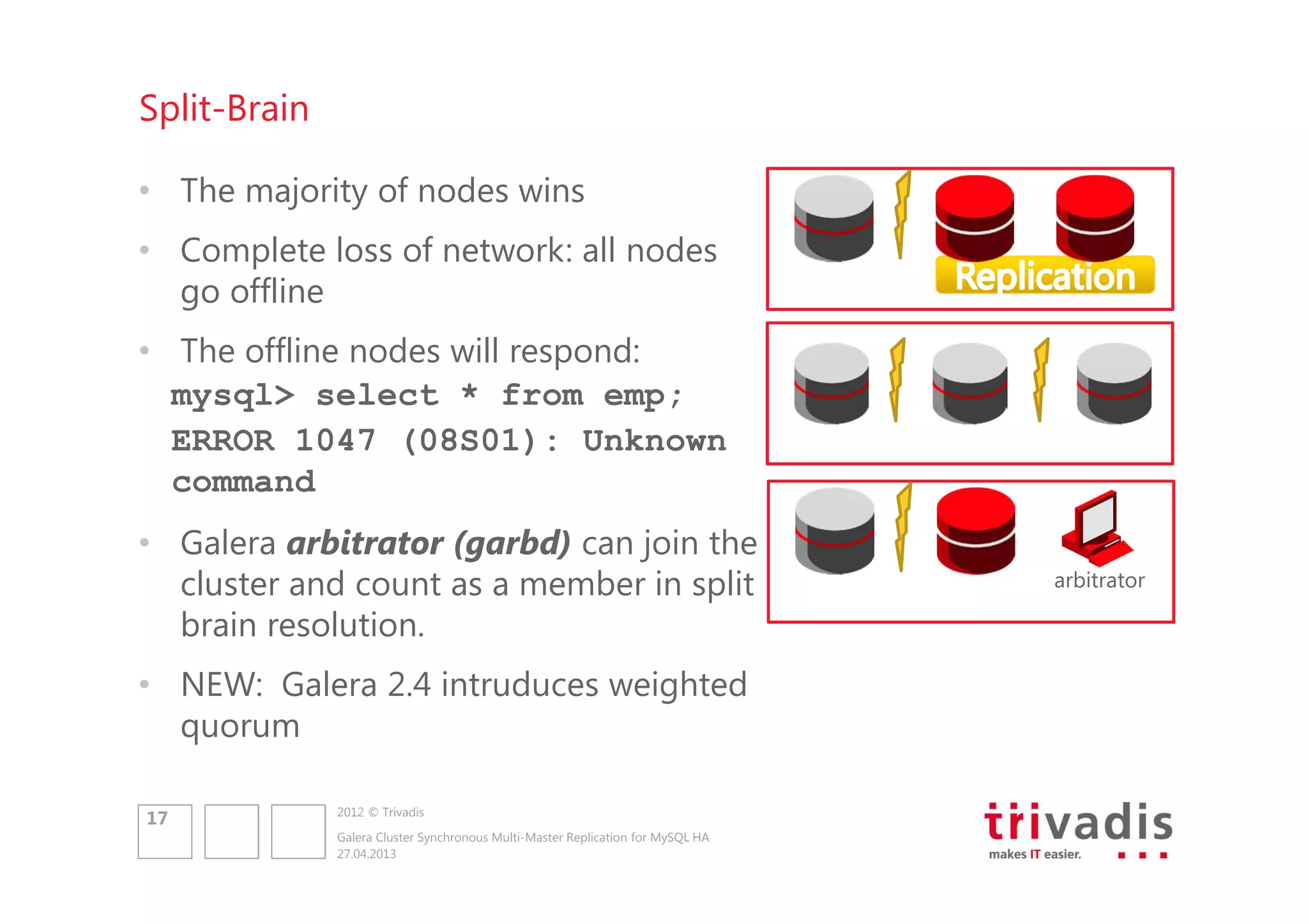 Split-Brain
• The majority of nodes wins
• Complete loss of network: all nodes
go offline
• The offline nodes will respond:
mysql> select * from emp;
ERROR 1047 (08S01): Unknown
command
• Galera arbitrator (garbd) can join the
cluster and count as a member in split
brain resolution.
• NEW: Galera 2.4 intruduces weighted
quorum
17

2012 © Trivadis
Galera Cluster Synchronous Multi-Master Replication for MySQL HA
27.04.2013

gar
arbitrator

 