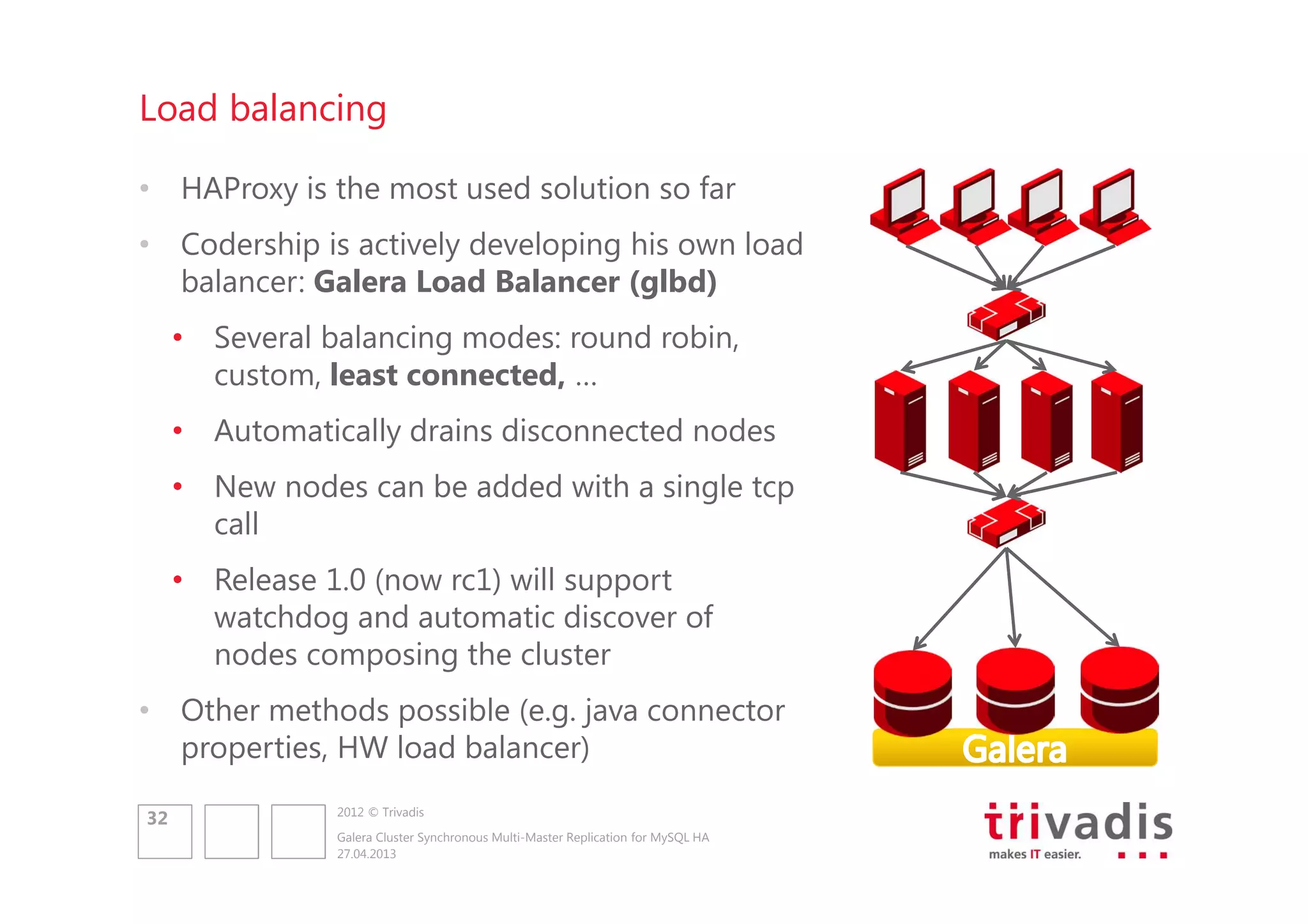 Load balancing
• HAProxy is the most used solution so far
• Codership is actively developing his own load
balancer: Galera Load Balancer (glbd)
• Several balancing modes: round robin,
custom, least connected, …
• Automatically drains disconnected nodes
• New nodes can be added with a single tcp
call
• Release 1.0 (now rc1) will support
watchdog and automatic discover of
nodes composing the cluster
• Other methods possible (e.g. java connector
properties, HW load balancer)
32

2012 © Trivadis
Galera Cluster Synchronous Multi-Master Replication for MySQL HA
27.04.2013

 