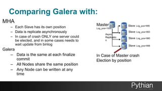 Comparing Galera with:
MHA
– Each Slave has its own position
– Data is replicate asynchronously
– In case of crash ONLY one server could
be elected, and in some cases needs to
wait update from binlog
Galera
– Data is the same at each finalize
commit
– All Nodes share the same position
– Any Node can be written at any
time
Master
Log_pos=1000
Slave Log_pos=995
Slave Log_pos=993
Slave Log_pos=980
Slave Log_pos=998
Async
Replicatio
n
In Case of Master crash
Election by position
 