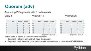 Quorum (adv)
Assuming 2 Segments with 3 nodes each
View 1 View 2 (1) View 2 (2)
seg weight active
n1 1 4 1/0
n2 1 3 1
n3 1 1 1
n4 2 5 1
n5 2 1 1
n6 2 1 1
seg weight active
n1 1 4 1
n2 1 3 1
n3 1 1 1
n4 2 5 0
n5 2 1 0
n6 2 1 0
seg weight Active
n1 1 4 0
n2 1 3 0
n3 1 1 0
n4 2 5 1
n5 2 1 1
n6 2 1 1
Segment 1 Quorum 1 Segment 2 Quorum 1
In this case in VIEW 2|3 we will have a quorum
• Segment 1 always win and will have the quorum
• Segment 2 will have the quorum in case of planned switch, otherwise NO-PRIMARY
 