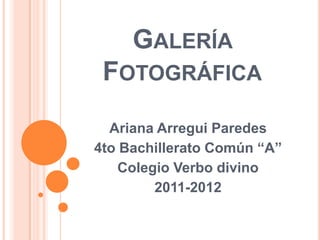 GALERÍA
 FOTOGRÁFICA
  Ariana Arregui Paredes
4to Bachillerato Común “A”
    Colegio Verbo divino
         2011-2012
 