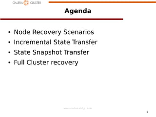 Agenda

●

Node Recovery Scenarios

●

Incremental State Transfer

●

State Snapshot Transfer

●

Full Cluster recovery

www.codership.com
2

 