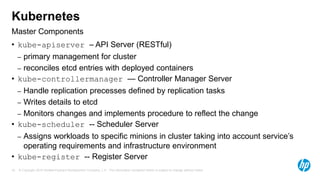 © Copyright 2015 Hewlett-Packard Development Company, L.P. The information contained herein is subject to change without notice.16
Master Components
Kubernetes
• kube-apiserver – API Server (RESTful)
– primary management for cluster
– reconciles etcd entries with deployed containers
• kube-controllermanager — Controller Manager Server
– Handle replication precesses defined by replication tasks
– Writes details to etcd
– Monitors changes and implements procedure to reflect the change
• kube-scheduler -- Scheduler Server
– Assigns workloads to specific minions in cluster taking into account service’s
operating requirements and infrastructure environment
• kube-register -- Register Server
 