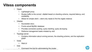 © Copyright 2015 Hewlett-Packard Development Company, L.P. The information contained herein is subject to change without notice.26
Vitess components
• Vtgate
• Lightweight proxy
• Routes traffic to the correct vttablet based on sharding scheme, required latency, and
availability
• Allows for simple client – client only needs to find the vtgate instance
• Vttablet:
• Succeeded vtocc.
• Fronts actual MySQL database
• Provides connection pooling, query rewriting, query de-duping
• Performs management tasks initiated by vtctl
• Topology server
• Contains information about running servers, the sharding scheme, and the replication
graph
• Vtctld
• Web UI
• Vtctl
• Command line tool for administering the cluster
 