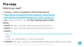 © Copyright 2015 Hewlett-Packard Development Company, L.P. The information contained herein is subject to change without notice.5
What do you need?
Pre-reqs
• Vmware – fusion or workstation. ESXi should work too.
• https://github.com/CaptTofu/mysql_replication_kubernetes.git
• https://github.com/CaptTofu/kubernetes_cluster_vmware.git
• Go -- brew install go (or https://golang.org/doc/install)
Clients:
• etcdctl: go get github.com/coreos/etcd/etcdctl
• fleetctl: go get github.com/coreos/fleet/fleetctl
• kubectl –
– git clone https://github.com/GoogleCloudPlatform/kubernetes
– make
– sudo cp cmd/kubectl /usr/local/bin
• vtctlclient -- go get github.com/youtube/vitess/go/cmd/vtctlclient
 