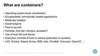 © Copyright 2015 Hewlett-Packard Development Company, L.P. The information contained herein is subject to change without notice.6
What are containers?
• Operating-system-level virtualization
• Encapsulated, hermetically sealed applications
• Relatively isolated
• Small footprint
• Fast to launch!
• Portable. And did I mention, portable?!
• Use of host OS and Kernel
• Execution consists of time to startup application in question
• LXC, Docker, Solaris Zones, BSD Jails, Parallels Virtuozzo, OpenVZ, …
 