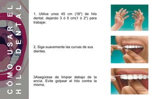 1. Utilice unos 45 cm (18") de hilo
dental, dejando 3 ó 5 cm(1 ó 2") para
trabajar.
CÓMOUSAREL
HILODENTAL
2. Siga suavemente las curvas de sus
dientes.
3Asegúrese de limpiar debajo de la
encía. Evite golpear el hilo contra la
misma.
 