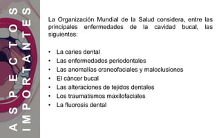 La Organización Mundial de la Salud considera, entre las
principales enfermedades de la cavidad bucal, las
siguientes:
• La caries dental
• Las enfermedades periodontales
• Las anomalías craneofaciales y maloclusiones
• El cáncer bucal
• Las alteraciones de tejidos dentales
• Los traumatismos maxilofaciales
• La fluorosis dental
ASPECTOS
IMPORTANTES
 