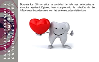 LASALUDBUCODENTALY
LASENFERMEDADES
CARDIOVASCULARES
Durante los últimos años la cantidad de informes enfocados en
estudios epidemiológicos, han comprobado la relación de las
infecciones bucodentales con las enfermedades sistémicas.
 