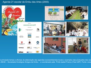 Agenda 21 escolar de Embu das Artes (2005) Publicação com registro dos principais temas e oficinas da elaboração das agendas socioambientais locais e exemplos das produções das escolas no âmbito do projeto. Realizado pela SEAE – Sociedade Ecológica Amigos de Embu -  e coordenado pela  Profa Isabel Franco (Teia USP). Fonte: www.seaembu.org 