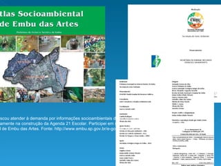 A publicação do Atlas buscou atender à demanda por informações socioambientais do município com objetivo de ampliar os diagnósticos elaborados coletivamente na construção da Agenda 21 Escolar. Participei em sua revisão e na elaboração de alguns textos.  Realização da Prefeitura Municipal de Embu das Artes. Fonte: http://www.embu.sp.gov.br/e-gov/secretaria/meio_ambiente/?ver=270 