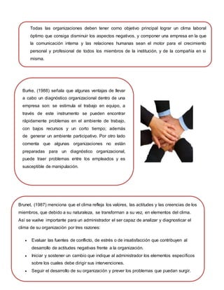 Burke, (1988) señala que algunas ventajas de llevar
a cabo un diagnóstico organizacional dentro de una
empresa son: se estimula el trabajo en equipo, a
través de este instrumento se pueden encontrar
rápidamente problemas en el ambiente de trabajo,
con bajos recursos y un corto tiempo; además
de generar un ambiente participativo. Por otro lado
comenta que algunas organizaciones no están
preparadas para un diagnóstico organizacional,
puede traer problemas entre los empleados y es
susceptible de manipulación.
Todas las organizaciones deben tener como objetivo principal lograr un clima laboral
óptimo que consiga disminuir los aspectos negativos, y componer una empresa en la que
la comunicación interna y las relaciones humanas sean el motor para el crecimiento
personal y profesional de todos los miembros de la institución, y de la compañía en si
misma.
Brunet, (1987) menciona que el clima refleja los valores, las actitudes y las creencias de los
miembros, que debido a su naturaleza, se transforman a su vez, en elementos del clima.
Así se vuelve importante para un administrador el ser capaz de analizar y diagnosticar el
clima de su organización por tres razones:
 Evaluar las fuentes de conflicto, de estrés o de insatisfacción que contribuyen al
desarrollo de actitudes negativas frente a la organización.
 Iniciar y sostener un cambio que indique al administrador los elementos específicos
sobre los cuales debe dirigir sus intervenciones.
 Seguir el desarrollo de su organización y prever los problemas que puedan surgir.
 