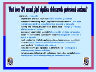 - appraisal / evaluación
– internal and external courses / cursos internos y externos
– school-based training days – departmental/whole school / días para
formación en centros –departamento o claustro al completo
– leading and contributing to school-based INSET / dirigir y contribuir
a la formación en centros
– classroom observation (paired) / observación en clase por parejas
– action research in the classroom/school / investigación acción en el
aula o la escuela
– work shadowing including placements and secondments (possibly in
industry); / apoyo y asesoramiento incluyendo estancias (en industrias)
– team teaching / enseñanza por equipos
– visits to observe good practice in other schools / visitas para la
observación de buenas prácticas
– networking and sharing with colleagues from other schools / redes
y compartir expereincias con colegas de otras escuelas
 