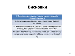 Висновки
І. Наявні методи не дають повної оцінки масштабів
тіньової діяльності
ІІ. Існує сприятливий клімат для приховування тіньової
діяльності
ІІІ. Важливе значення має діяльність нелегальних ринків як
в оцінці, так і у функціонуванні тіньової економіки
ІV. Умовами детінізації є: наявність легальної альтернативи;
витрати по сплаті податків не більші ніж витрати тінізації
V.
10
 