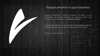 Usabilidad
Diseño
DRY
Desacoplamiento
AngularJS
MVC
Web Components
Ionic
Mobile
Material Design
Valentys
API
Restful
Experiencia
Soluciones
Escalabilidad
Calidad
 