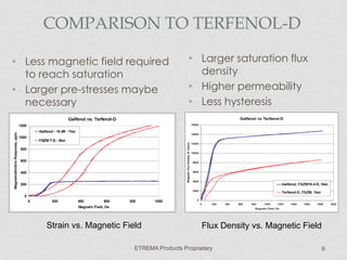 COMPARISON TO TERFENOL-D
• Less magnetic field required
to reach saturation
• Larger pre-stresses maybe
necessary

Strain vs. Magnetic Field

• Larger saturation flux
density
• Higher permeability
• Less hysteresis

Flux Density vs. Magnetic Field

ETREMA Products Proprietary

9

 