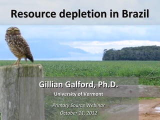 Resource depletion in Brazil




     Gillian Galford, Ph.D.
         University of Vermont

        Primary Source Webinar
           October 11, 2012
 