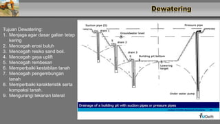 Tujuan Dewatering:
1. Menjaga agar dasar galian tetap
kering
2. Mencegah erosi buluh
3. Mencegah resiko sand boil.
4. Mencegah gaya uplift
5. Mencegah rembesan
6. Memperbaiki kestabilan tanah
7. Mencegah pengembungan
tanah
8. Memperbaiki karakteristik serta
kompaksi tanah.
9. Mengurangi tekanan lateral
 