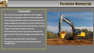 • Excavator
• Alat serba guna yang dapat digunakan untuk menggali,
• memuat dan mengangkat material. Terutama digunakan
• untuk menggali parit-parit saluran air atau pipa (pipe line).
• Dengan penggantian kelengkapan tambahan (attachment).
• Alat ini dapat juga dipakai untuk memecah batu, mencabut
• tanggul, membongkar aspalan dan lain-lain.
• Konstruksi bagian atas dari alat, dimana medan berada,
• dapat berputar 360 derajat, sehingga memungkinkan alat
ini
• bekerja di tempat yang relatif sempit sekalipun.
• Pada pekerjaan basement excavator digunakan untuk
menggali tanah.
 