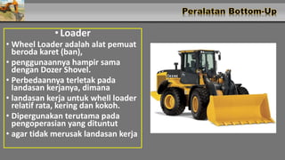 • Loader
• Wheel Loader adalah alat pemuat
beroda karet (ban),
• penggunaannya hampir sama
dengan Dozer Shovel.
• Perbedaannya terletak pada
landasan kerjanya, dimana
• landasan kerja untuk whell loader
relatif rata, kering dan kokoh.
• Dipergunakan terutama pada
pengoperasian yang dituntut
• agar tidak merusak landasan kerja
 