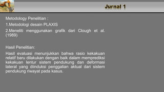 Metodology Penelitian :
1.Metodologi desain PLAXIS
2.Meneliti menggunakan grafik dari Clough et al.
(1989)
Hasil Penelitian:
Hasil evaluasi menunjukkan bahwa rasio kekakuan
relatif baru dilakukan dengan baik dalam memprediksi
kekakuan lentur sistem pendukung dan deformasi
lateral yang diinduksi penggalian aktual dari sistem
pendukung riwayat pada kasus.
 
