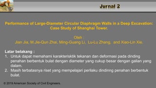 Performance of Large-Diameter Circular Diaphragm Walls in a Deep Excavation:
Case Study of Shanghai Tower.
Oleh :
Jian Jia, M.Jie-Qun Zhai, Ming-Guang Li, Lu-Lu Zhang, and Xiao-Lin Xie.
Latar belakang :
1. Untuk dapat memahami karakterisktik tekanan dan deformasi pada dinding
penahan berbentuk bulat dengan diameter yang cukup besar dengan galian yang
dalam.
2. Masih terbatasnya riset yang mempelajari perilaku dindinng penahan berbentuk
bulat.
© 2019 American Society of Civil Engineers.
 