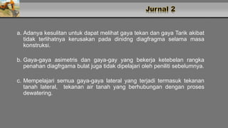 a. Adanya kesulitan untuk dapat melihat gaya tekan dan gaya Tarik akibat
tidak terlihatnya kerusakan pada dinidng diagfragma selama masa
konstruksi.
b. Gaya-gaya asimetris dan gaya-gay yang bekerja ketebelan rangka
penahan diagfrgama bulat juga tidak dipelajari oleh peniliti sebelumnya.
c. Mempelajari semua gaya-gaya lateral yang terjadi termasuk tekanan
tanah lateral, tekanan air tanah yang berhubungan dengan proses
dewatering.
 