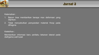 Kelemahan :
1. Belum bisa memberikan berapa max deformasi yang
diijinkan.
2. Tidak menyebutkan persyaratan material Hoop pada
difragma
Kelebihan :
Memberikan informasi baru perilaku tekanan lateral pada
diafrgama wall bulat
 