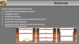 Urutan Pengerjaan Metode Bottom-Up:
a. Penyiapan akses peralatan dan bahan
b. Penggalian tanah
c. Pembuatan pondasi
d. Pembuatan dinding penahan tanah (bila dibutuhkan)
e. Pembuatan lantai basement
f. Pembuatan kolom, balok, dan pelat lantai berulang
sampai ke lantai paling atas
 