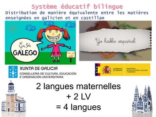 2 langues maternelles
+ 2 LV
= 4 langues
Système éducatif bilingue
Distribution de manière équivalente entre les matières
enseignées en galicien et en castillan
 