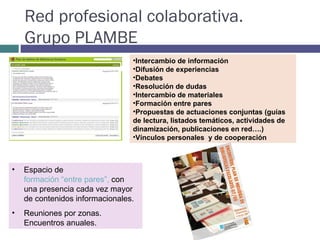Red profesional colaborativa.  Grupo PLAMBE Intercambio de información Difusión de experiencias Debates Resolución de dudas Intercambio de materiales Formación entre pares Propuestas de actuaciones conjuntas (guías de lectura, listados temáticos, actividades de dinamización, publicaciones en red….)  Vínculos personales  y de cooperación   Espacio de  formación “entre pares”,  con una presencia cada vez mayor de contenidos informacionales. Reuniones por zonas. Encuentros anuales.  
