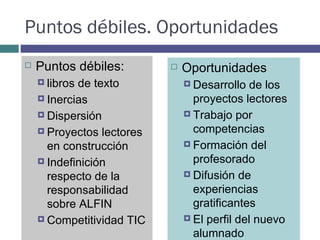 Puntos débiles. Oportunidades Puntos débiles: libros de texto Inercias Dispersión Proyectos lectores en construcción Indefinición respecto de la responsabilidad sobre ALFIN Competitividad TIC Oportunidades Desarrollo de los proyectos lectores Trabajo por competencias Formación del profesorado Difusión de experiencias gratificantes El perfil del nuevo alumnado 
