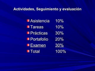 Actividades, Seguimiento y evaluación


         Asistencia   10%
         Tareas       10%
         Prácticas    30%
         Portafolio   20%
         Examen       30%
         Total        100%
 