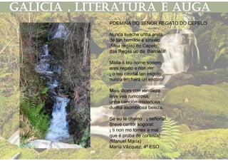 POEMIÑA DO SEÑOR REGATO DO CEPELO
Nunca tiveche unha arela
de tan humilde e sinxelo:
¡Meu regato do Cepelo,
das Regas uo da Barciela!.
Maila ó teu nome sonoro,
eres regato e non río:
¡ o teu caudal tan esguío
nunca encherá un encoro!
Mais dices con xentileza,
leve vea rumorosa,
unha canción misteriosa
dunha asombrosa beleza.
Se eu te chamo : ¡ señoría!,
Breve cantor xogoral:
¡ ti non mo tomes a mal
que é proba de cortesía!
(Manuel María)
María Vázquez, 4º ESO
 