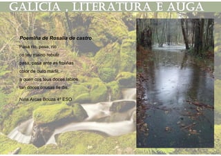 Poemiña de Rosalía de castro.
Pasa río, pasa, río
co teu maino rebulir
pasa, pasa ante as froliñas
color de ouro marfil,
a quen cos teus doces labios
tan doces cousas lle dis.
Nina Arcas Bouza 4º ESO
 