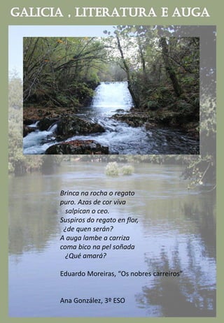 Brinca na rocha o regato
puro. Azas de cor viva
salpican o ceo.
Suspiros do regato en flor,
¿de quen serán?
A auga lambe a carriza
coma bico na pel soñada
¿Qué amará?
Eduardo Moreiras, “Os nobres carreiros”
Ana González, 3º ESO
 