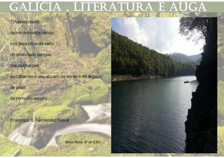 Tiñamosmedo
de mirármonosnenos
nosseusollosde vello,
no silenciado sangue
daspucharcas,
evitábamoso seu abrazo de verán e de argazo,
de pozo
de remuíño escuro.
Francisco X.Fernández Naval
Silvia Roca, 4º de ESO
 