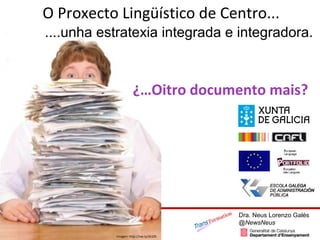 O Proxecto Lingüístico de Centro...
Imagen: http://ow.ly/dLSZh
¿…Outro documento máis?
Dra. Neus Lorenzo Galés
@NewsNeus
....unha estratexia integrada e integradora.
 