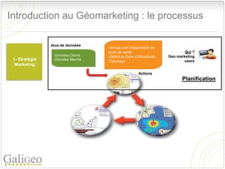 Introduction au Géomarketing : le processus

                    Jeux de données
                                              -Simule une implantation de
                                              point de vente                            Qui ?
                      -Données Clients        -Définit la Zone d’Attractivité   Geo marketing
 1- Stratégie         -Données Marché
                                              Théorique                                users
  Marketing

                                                                 Actions
                                                                                      Planification




                -Conquête    et acquisition
                -Gestion   de campagne
 