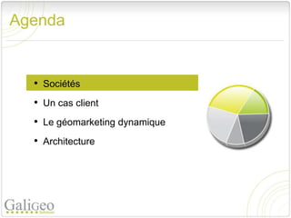 Agenda


  • Sociétés
  • Un cas client
  • Le géomarketing dynamique
  • Architecture
 