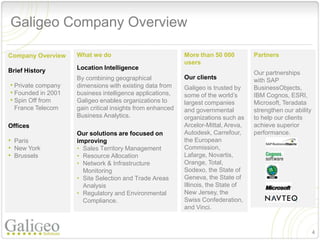 Galigeo Company Overview

Company Overview    What we do                             More than 50 000         Partners
                                                           users
Brief History       Location Intelligence
                                                                                    Our partnerships
                    By combining geographical              Our clients              with SAP
• Private company   dimensions with existing data from     Galigeo is trusted by    BusinessObjects,
• Founded in 2001   business intelligence applications,    some of the world’s      IBM Cognos, ESRI,
• Spin Off from     Galigeo enables organizations to       largest companies        Microsoft, Teradata
  France Telecom    gain critical insights from enhanced   and governmental         strengthen our ability
                    Business Analytics.                    organizations such as    to help our clients
Offices                                                    Arcelor-Mittal, Areva,   achieve superior
                    Our solutions are focused on           Autodesk, Carrefour,     performance.
• Paris             improving                              the European
• New York          • Sales Territory Management           Commission,
• Brussels          • Resource Allocation                  Lafarge, Novartis,
                    • Network & Infrastructure             Orange, Total,
                      Monitoring                           Sodexo, the State of
                    • Site Selection and Trade Areas       Geneva, the State of
                      Analysis                             Illinois, the State of
                    • Regulatory and Environmental         New Jersey, the
                      Compliance.                          Swiss Confederation,
                                                           and Vinci.


                                                                                                             4
 