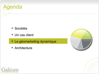 Agenda


  • Sociétés
  • Un cas client
  • Le géomarketing dynamique
  • Architecture
 