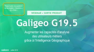 Galigeo G19.5
Augmenter les capacités d’analyse
des utilisateurs métiers
grâce à l’Intelligence Géographique
Juillet 2019
WEBINAR • SORTIE PRODUIT
Posez toutes vos questions
via les onglets « Questions »
et « Chat »
 