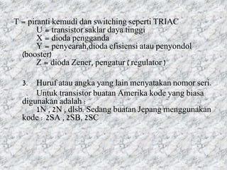 T = piranti kemudi dan switching seperti TRIAC
U = transistor saklar daya tinggi
X = dioda pengganda
Y = penyearah,dioda efisiensi atau penyondol
(booster)
Z = dioda Zener, pengatur ( regulator )
3. Huruf atau angka yang lain menyatakan nomor seri.
Untuk transistor buatan Amerika kode yang biasa
digunakan adalah :
1N , 2N , dlsb. Sedang buatan Jepang menggunakan
kode : 2SA , 2SB, 2SC
 