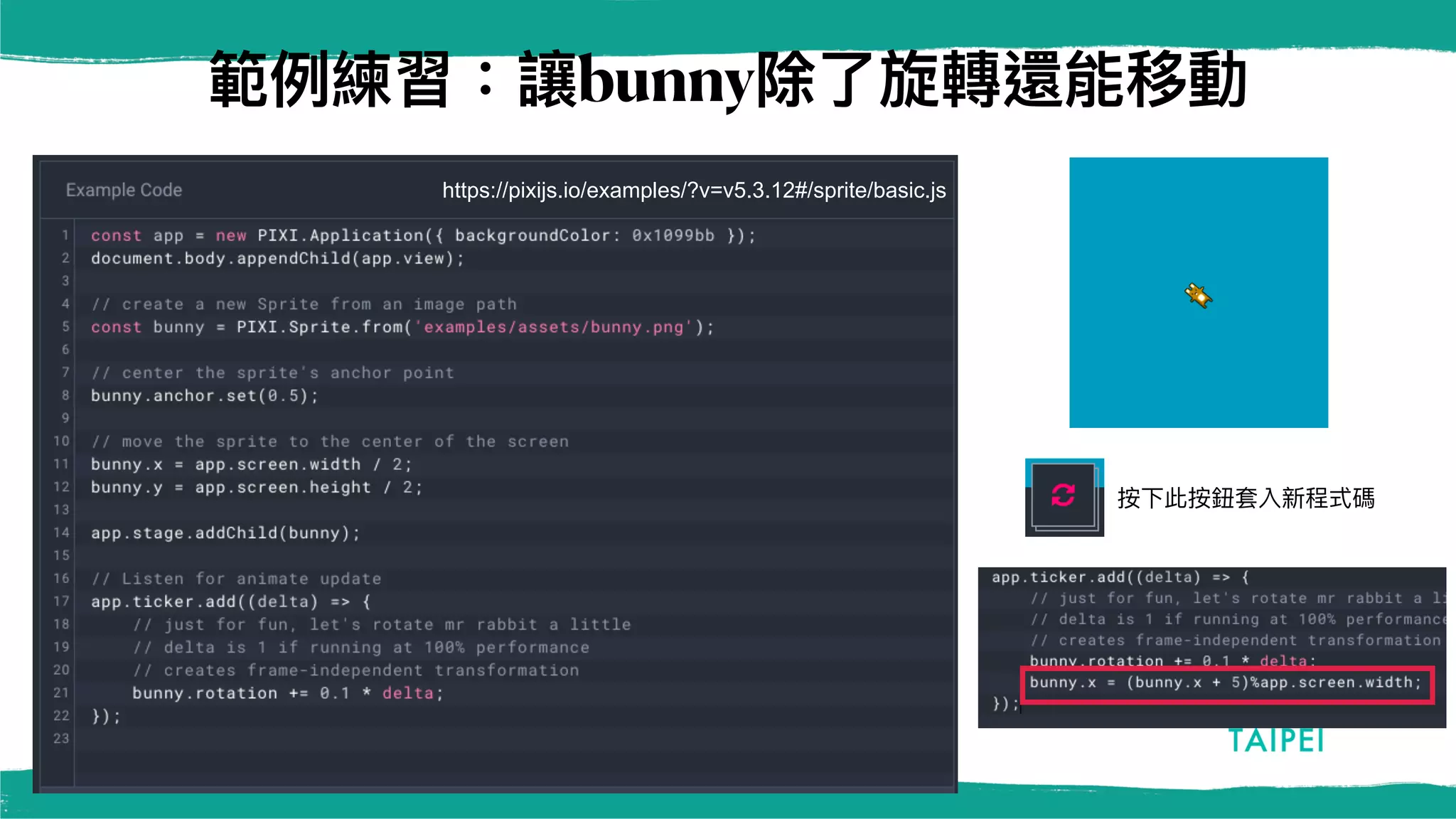 範例練習：讓bunny除了旋轉還能移動
https://pixijs.io/examples/?v=v5.3.12#/sprite/basic.js
按下此按鈕套入新程式碼
 