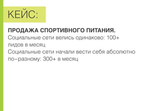 ÊÅÉÑ:
ÏÐÎÄÀÆÀ ÑÏÎÐÒÈÂÍÎÃÎ ÏÈÒÀÍÈß.
Ñîöèàëüíûå ñåòè âåëèñü îäèíàêîâî: 100+
ëèäîâ â ìåñÿö
Ñîöèàëüíûå ñåòè íà÷àëè âåñòè ñåáÿ àáñîëþòíî
ïî-ðàçíîìó: 300+ â ìåñÿö
 