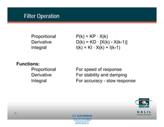 Filter Operation


           Proportional                          P(k) = KP · X(k)
           Derivative                            D(k) = KD · [X(k) - X(k-1)]
           Integral                              I(k) = KI · X(k) + I(k-1)


     Functions:
           Proportional                          For speed of response
           Derivative                            For stability and damping
           Integral                              For accuracy - slow response




                           Sold & Serviced By:
15
                                                 ELECTROMATE
                                          Toll Free Phone (877) SERVO98
                                           Toll Free Fax (877) SERV099
                                                www.electromate.com
                                               sales@electromate.com
 