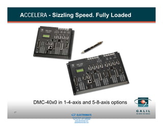 ACCELERA - Sizzling Speed. Fully Loaded




         DMC-40x0 in 1-4-axis and 5-8-axis options
                      Sold & Serviced By:
17
                                            ELECTROMATE
                                     Toll Free Phone (877) SERVO98
                                      Toll Free Fax (877) SERV099
                                           www.electromate.com
                                          sales@electromate.com
 