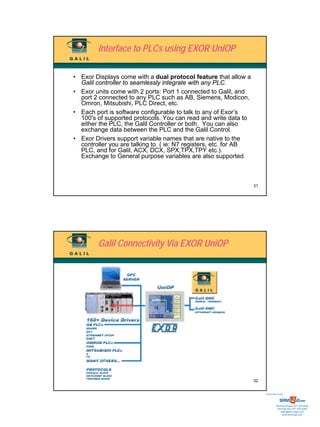 Interface to PLCs using EXOR UniOP

• Exor Displays come with a dual protocol feature that allow a
  Galil controller to seamlessly integrate with any PLC.
• Exor units come with 2 ports: Port 1 connected to Galil, and
  port 2 connected to any PLC such as AB, Siemens, Modicon,
  Omron, Mitsubishi, PLC Direct, etc.
• Each port is software configurable to talk to any of Exor’s
  100's of supported protocols. You can read and write data to
  either the PLC, the Galil Controller or both. You can also
  exchange data between the PLC and the Galil Control.
• Exor Drivers support variable names that are native to the
  controller you are talking to ( ie: N7 registers, etc. for AB
  PLC, and for Galil, ACX, DCX, SPX,TPX,TPY etc.).
  Exchange to General purpose variables are also supported.



                                                                  31




        Galil Connectivity Via EXOR UniOP




                                                                  32


                                                                       Sold & Serviced By:




                                                                                  Toll Free Phone: 877-378-0240
                                                                                   Toll Free Fax: 877-378-0249
                                                                                       sales@servo2go.com
                                                                                         www.servo2go.com
 