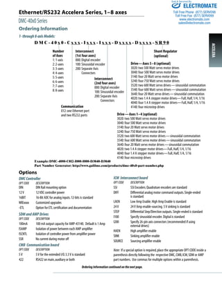 Ethernet/RS232 Accelera Series, 1–8 axes 
DMC-40x0 Series 
Ordering Information 
D M C - 4 0 x 0 - C x x x - I x x x - I x x x - D x x x x - D x x x x - S R 9 0 
Example: DMC-4080-C012-I000-I000-D3040-D3040 
Part Number Generator: http://www.galilmc.com/products/dmc-40x0-part-number.php 
Options 
DMC Controller 
OPT CODE DESCRIPTION 
DIN DIN Rail mounting option 
12 V 12 VDC controller power 
16BIT 16-Bit ADC for analog inputs. 12-bits is standard 
NRExxxx Customized upgrades 
-ETL Option for ETL certification and documentation 
Sold & Serviced By: 
ELECTROMATE 
Toll Free Phone (877) SERVO98 
Toll Free Fax (877) SERV099 
www.electromate.com 
sales@electromate.com 
ICM Interconnect board 
OPT CODE DESCRIPTION 
SSI SSI Encoders. Quadrature encoders are standard 
DIFF Differential analog motor command outputs. Single-ended 
is standard 
LAEN Low Amp Enable. High Amp Enable is standard 
24 V 24 V Amp enable-sourcing. 5 V sinking is standard 
STEP Differential Step/Direction outputs. Single-ended is standard 
I100 Specify sinusoidal encoder. Digital is standard 
I200 Specify 26-pin axis connectors (recommended if using 
external drives) 
HAEN High amplifier enable 
SINK Sinking amplifier enable 
SOURCE Sourcing amplifier enable 
SDM and AMP Drives 
OPT CODE DESCRIPTION 
100mA 100 mA output capacity for AMP-43140. Default is 1 Amp 
ISAMP Isolation of power between each AMP amplifier 
ISCNTL Isolation of controller power from amplifier power 
SSR No current during motor off 
CMB Communication board 
OPT CODE DESCRIPTION 
5 V 5 V for the extended I/O. 3.3 V is standard 
422 RS422 on main, auxiliary or both 
Note: If a special option is required, place the appropriate OPT CODE inside a 
parenthesis directly following the respective DMC, CMB, ICM, SDM or AMP 
part numbers. Use commas for multiple options within a parenthesis. 
Ordering Information continued on the next page. 
1- through 8-axis Models: 
Number 
of Axes 
1: 1-axis 
2: 2-axes 
3: 3-axes 
4: 4-axes 
5: 5-axes 
6: 6-axes 
7: 7-axes 
8: 8-axes 
Shunt Regulator 
(optional) 
Interconnect 
(1st four axes) 
000: Digital encoder 
100: Sinusoidal encoder 
200: Separate Axis 
Connectors 
Communication 
012: one Ethernet port 
and two RS232 ports 
Interconnect 
(2nd four axes) 
000: Digital encoder 
100: Sinusoidal encoder 
200: Separate Axis 
Connectors 
ACCELERA 
Drive—Axes 5–8 (optional) 
3020: two 500 Watt servo motor drives 
3040: four 500 Watt servo motor drives 
3140: four 20 Watt servo motor drives 
3240: four 750 Watt servo motor drives 
3520: two 600 Watt servo drives—sinusoidal commutation 
3540: four 600 Watt servo drives—sinusoidal commutation 
3640: four 20 Watt servo drives—sinusoidal commutation 
4020: two 1.4 A stepper motor drives—Full, Half, 1/4, 1/16 
4040: four 1.4 A stepper motor drives—Full, Half, 1/4, 1/16 
4140: four microstep drives 
Drive—Axes 1–4 (optional) 
3020: two 500 Watt servo motor drives 
3040: four 500 Watt servo motor drives 
3140: four 20 Watt servo motor drives 
3240: four 750 Watt servo motor drives 
3520: two 600 Watt servo motor drives—sinusoidal commutation 
3540: four 600 Watt servo motor drives—sinusoidal commutation 
3640: four 20 Watt servo motor drives—sinusoidal commutation 
4020: two 1.4 A stepper motor drives—Full, Half, 1/4, 1/16 
4040: four 1.4 A stepper motor drives—Full, Half, 1/4, 1/16 
4140: four microstep drives 
 